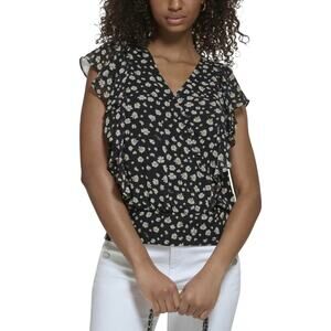 KARL LAGERFELD SMOCKED FLUTTER SLEEVE BLOUSE IN‎ BLACK MULTI NWT SIZE SMALL